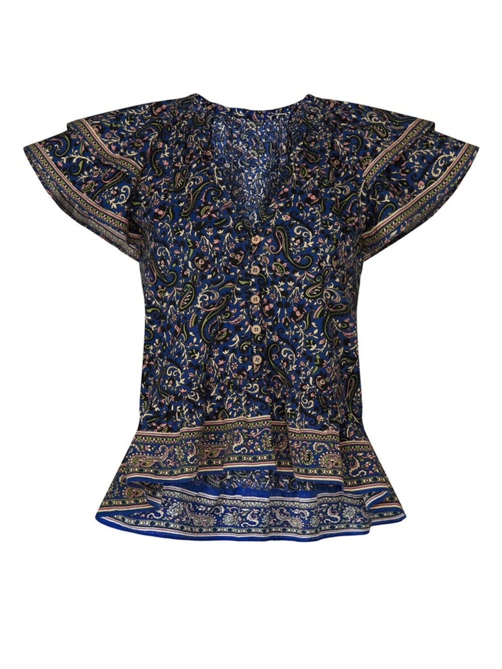 Veronica Beard Mahia Ruffled Flounce Sleeve Paisley Top in Navy Multi Size 0